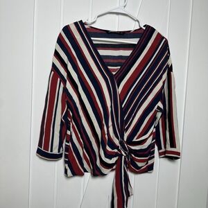 Zara Women's Striped V-Neck‎ Top Red White Blue Size Small Tie Front